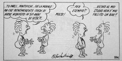 Carlo Santachiara (1937-2000), vignetta per la rivista 2000 Incontri (1987-1990). L'artista compare a colloquio con Renzo Renzi (1919-2004).