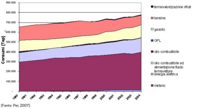 Consumi energetici (ripartizione per vettori energetici) nel Comune di Bologna - anni 1990 - 2004