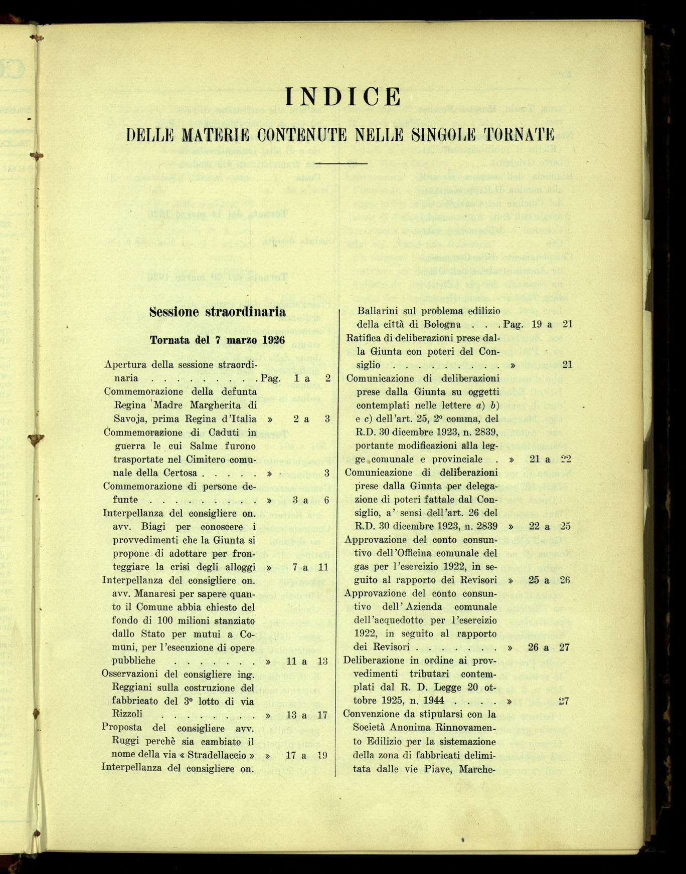 Indice volume 7.3.1926 - 23.12.1926
