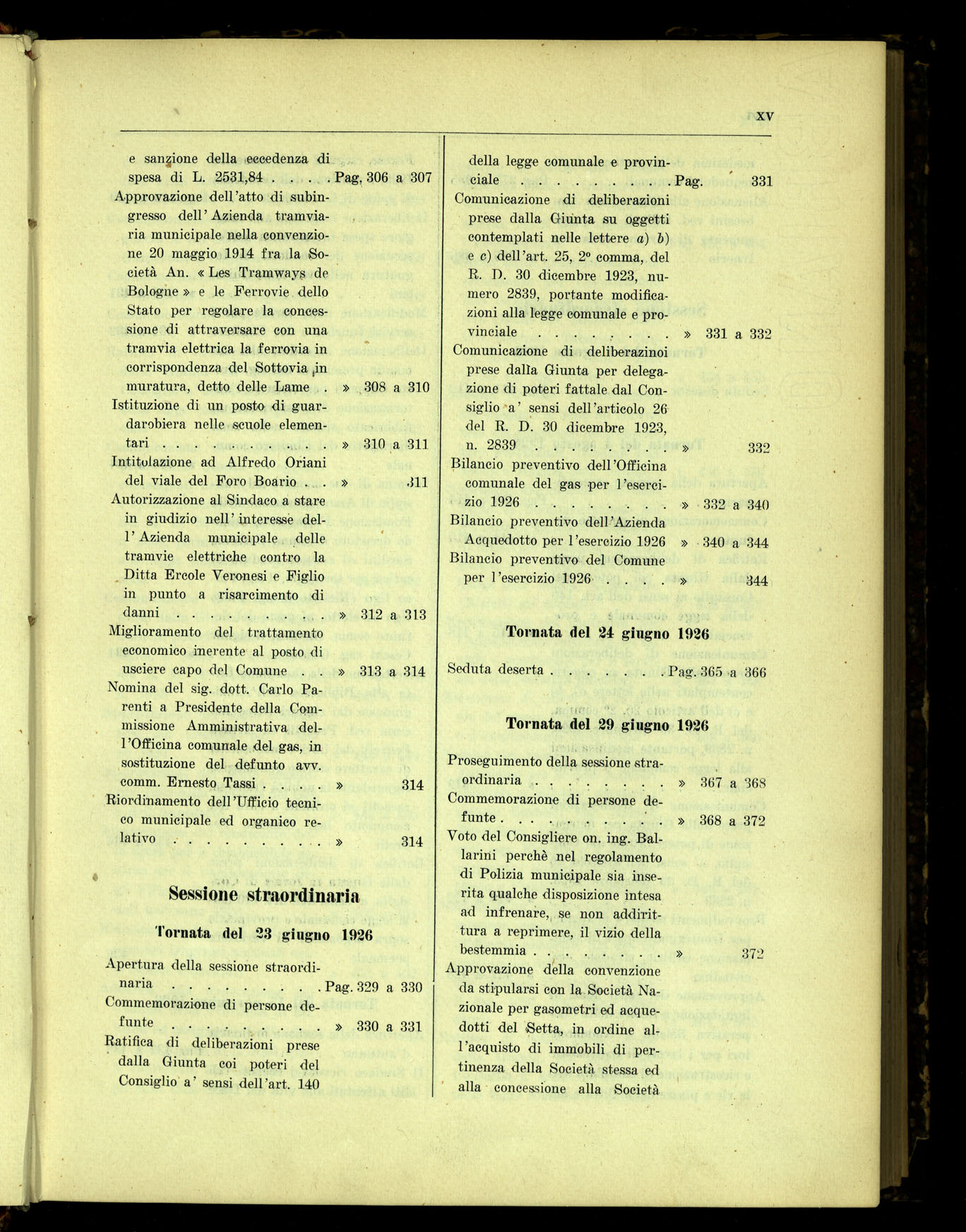 Indice volume 7.3.1926 - 23.12.1926