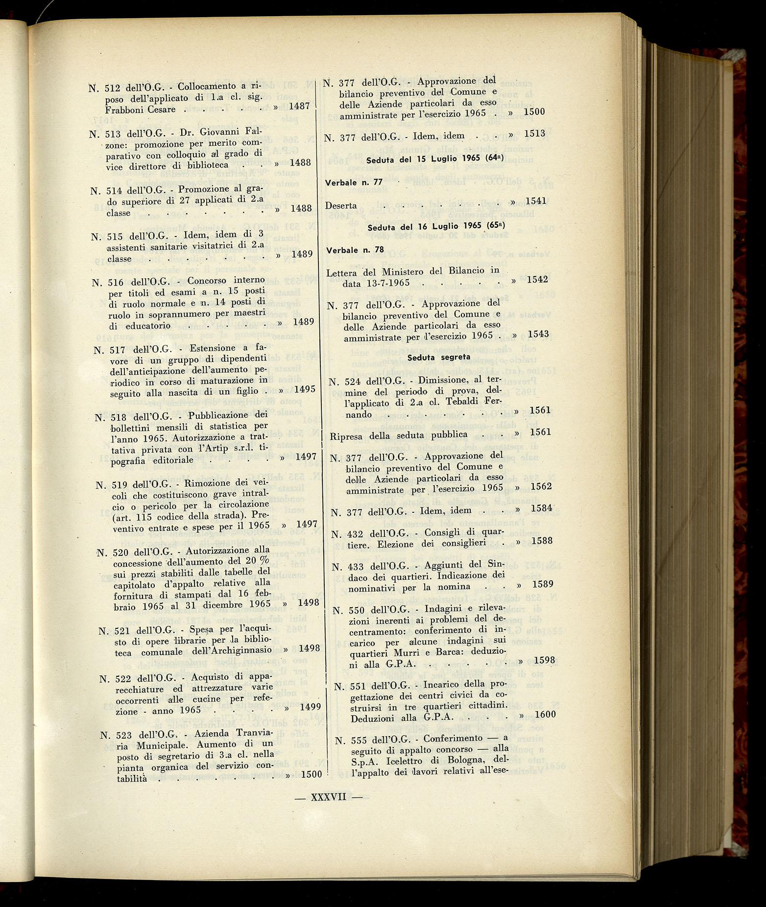 Indice volume 6.2.1965 - 30.6.1965
